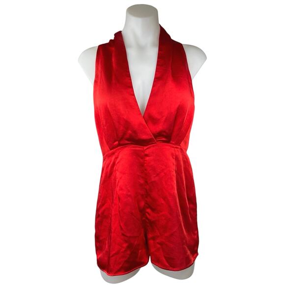 Elliatt Pants - Elliatt Red Silk Satin Halter Sleeveless Deep V Neck Backless Romper Shorts Sz S